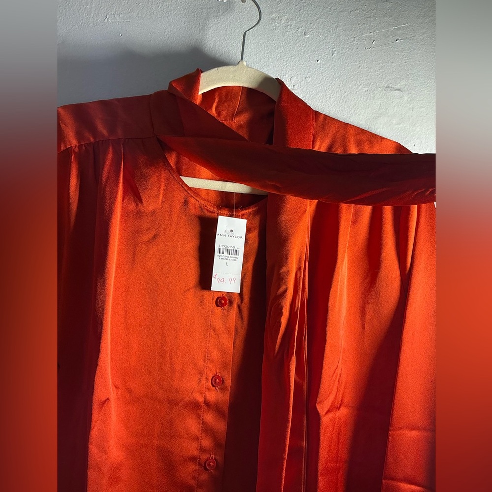 Ann Taylor Vibrant Orange Satin Blouse with Neck Tie - Picture 14 of 15